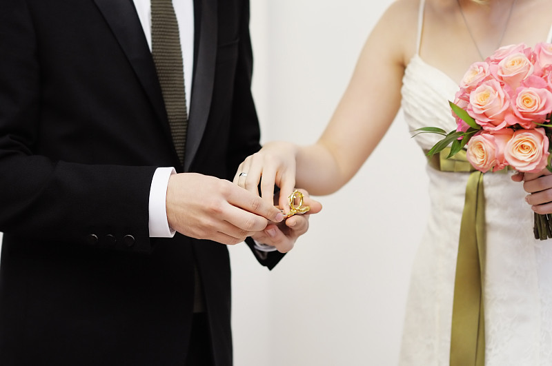 新娘把结婚戒指戴在新郎的手指上