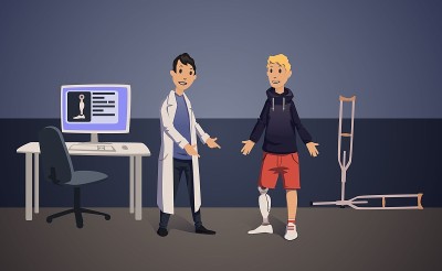 医生和病人都装了假肢。仿生假肢。矢量插图。
