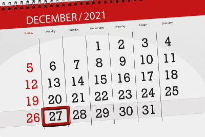 日历计划，2021年12月，截止日期，27日，周一