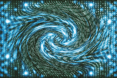 蓝色矩阵数字背景。扭曲的网络空间的概念。人物落入虫洞。入侵矩阵。虚拟现实设计。复杂的算法数据黑客。青