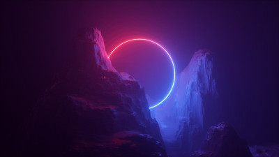 3d抽象霓虹背景。宇宙景观，夜间地形，雾蒙蒙的岩石，地面。圆形空白框架，复制空间。红蓝光，虚拟现实，