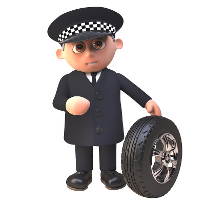 3d警官警察人物检查轮胎胎面，3d插图