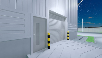 3d渲染机库建筑外部和卷帘门和铺砖地板在晚上的时间。