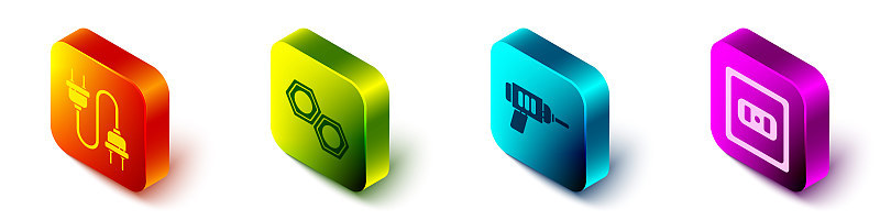 Set Isometric Electric plug, Hexagonal metal nut, 