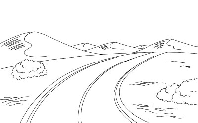 沙漠道路图形黑白景观素描插图矢量