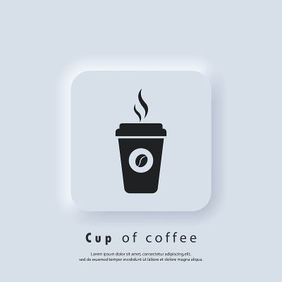 咖啡店的标志。热咖啡杯的图标。一次性咖啡杯图标与豆的标志。纸杯子。向量。UI图标。Neumorphi