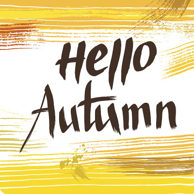 Hello Autumn，带有抽象背景的矢量字母。