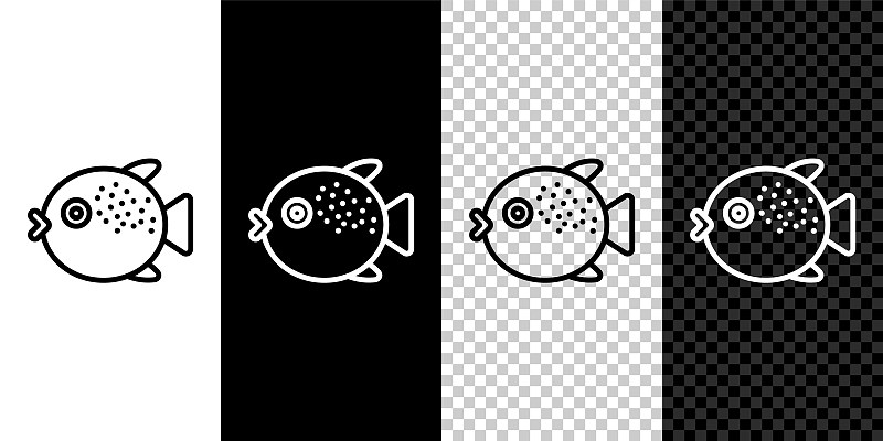 Set line Puffer fish icon isolated on black and wh