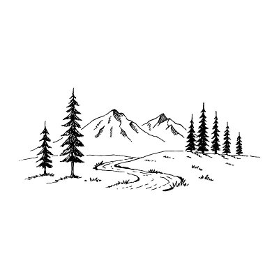 山与松树和风景黑在白色的背景。手绘岩石山峰在素描风格。矢量插图。