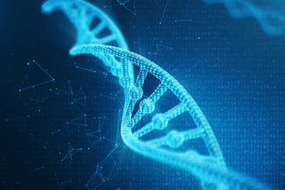 人工智能DNA分子。概念二进制编码基因组。抽象技术科学，概念人工Dna。3D插图