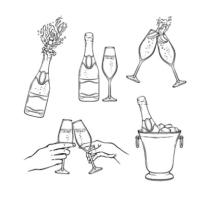香槟矢量插图设置在黑色和白色素描风格。