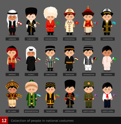 Boys in national costumes. Set of asian men dresse
