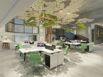现代办公室和工作空间的3d渲染