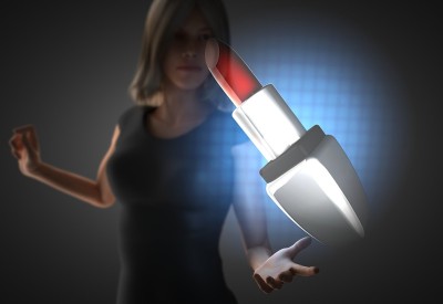 女人和涂着口红的全息图