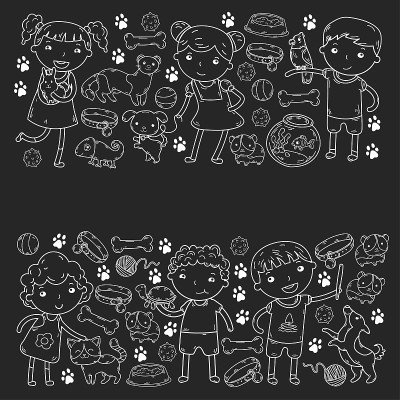儿童动物园宠物商店兽医幼儿园的孩子与狗，仓鼠，猫动物和食物和配件