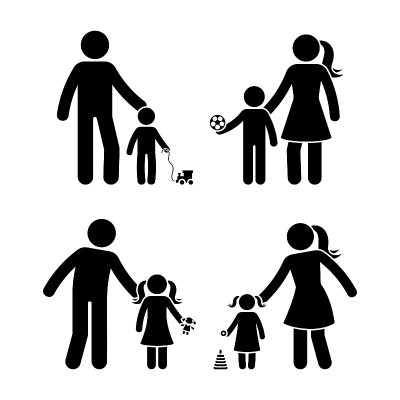 简笔人物家庭，男孩和女孩玩外矢量图标插图集。孩子，孩子，儿子，女儿，父亲，母亲，父母花时间在一起的剪