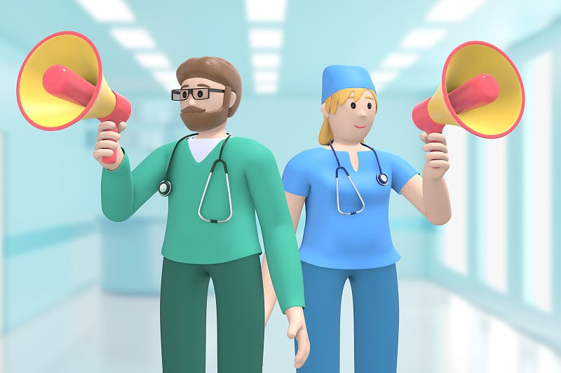 一男一女医生在一个医疗室内通过扩音器呼叫，警告，注意。蓝色背景上的卡通人物。3 d渲染。