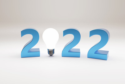 2022年文字与灯泡三维。新年的概念。3 d演示。