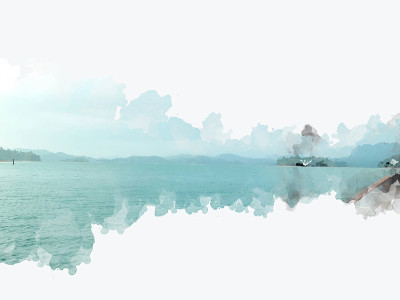 在油画水彩画的背景上抽象美丽的山的剪影，柔和的波浪河和柔和的阳光。