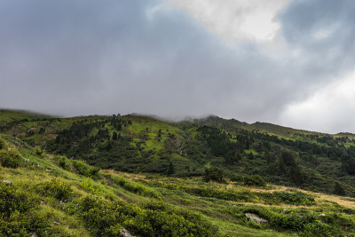 绿山景观与雨云远足