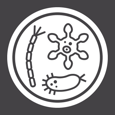 培养皿细菌字形图标，医药保健，微生物符号矢量图形，黑色背景上的固体图案，eps 10。