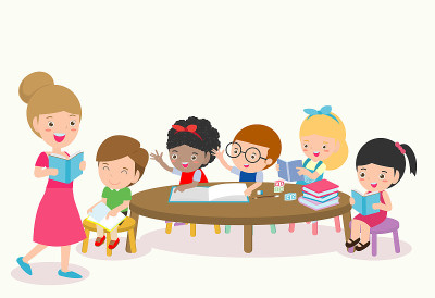 老师和学生在教室上课，学生在教室学习，孩子和老师在教室，矢量插图