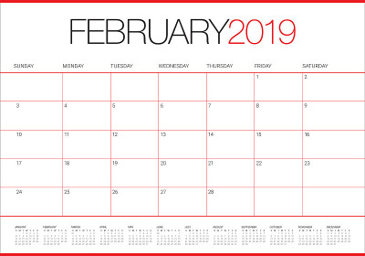2019年2月台历矢量插图