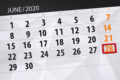 日历计划2020年6月，截止日期，28日，周日