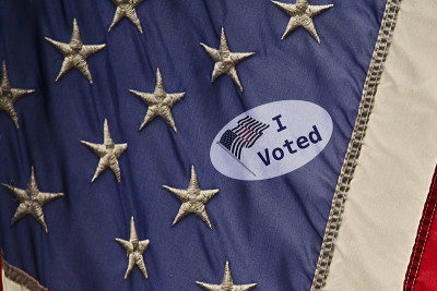 An American “I voted“ sticker placed on an america