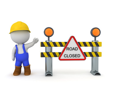 3D工人和路障表示道路封闭