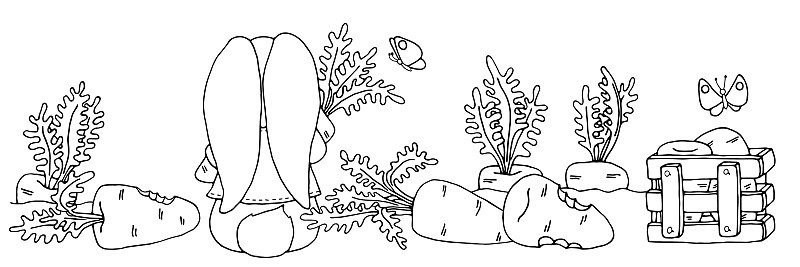 Сute兔子，胡萝卜，盒子，蝴蝶素描黑色轮廓不同的元素孤立在白色的背景。装修
