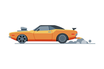 橙色跑车，侧视图，复古快速赛车矢量插图