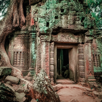 古代高棉建筑。柬埔寨暹粒吴哥窟建筑群的塔普隆寺，有一棵巨大的榕树。两张图片全景