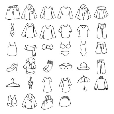 衣服涂鸦矢量图标集。画素描插图手绘线eps10