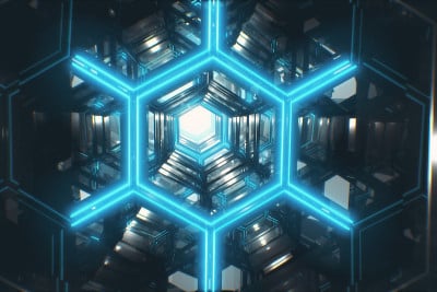 无限3d插图飞行在明亮的未来主义走廊由金属