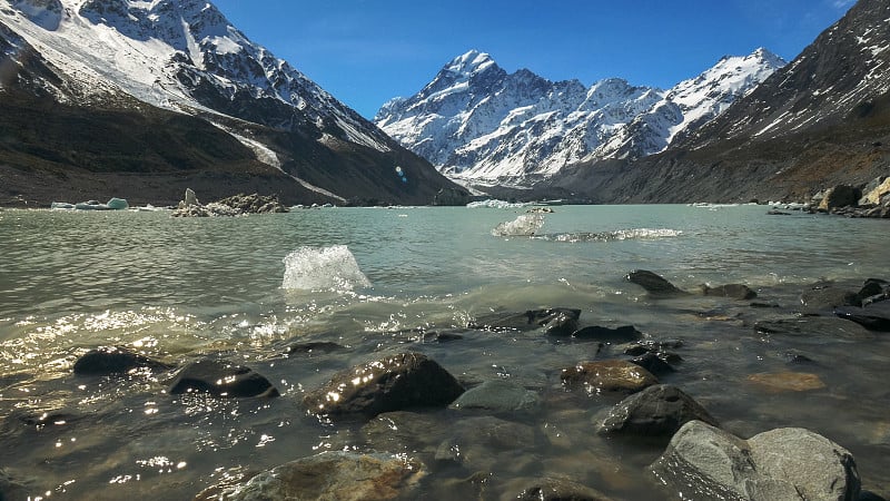 库克山和冰川胡克湖的海岸线