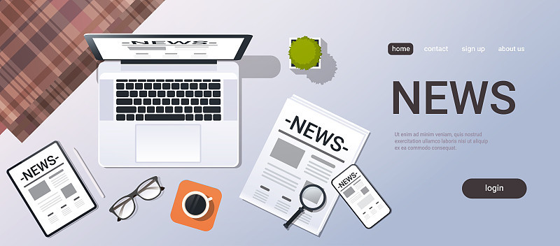 mass media news concept top angle view desktop lap