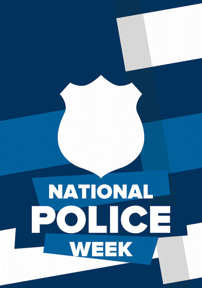 国家警察周。每年在美国庆祝。向警察英雄致敬。警徽和爱国主义元素。军官阵亡将士纪念日。海报、卡片,横幅