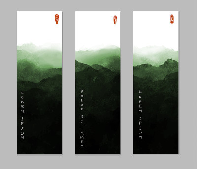 日本传统水墨画sumi-e中的三幅绿色薄雾山水。