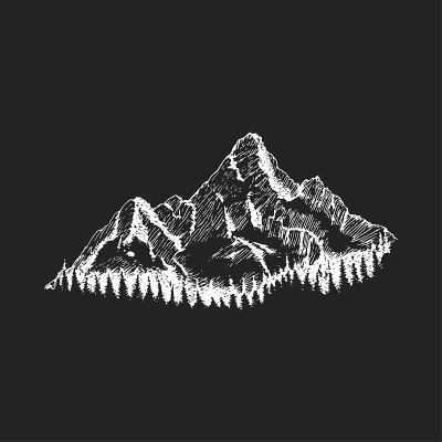 高山景观，矢量素描标签，海报等。山景与森林，手绘插图。
