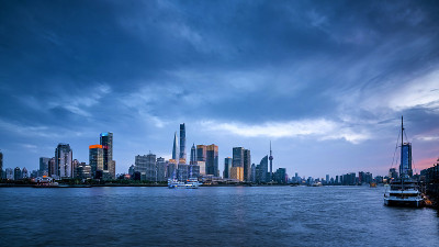 上海城市夜景，陆家嘴金融中心日落
