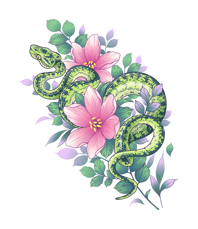 粉红花丛中手绘的绿蛇
