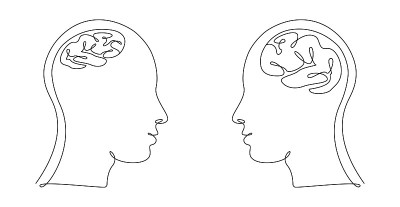 两个人的头，大的和小的大脑在一个线条艺术风格。连续画插图。抽象线性矢量为医药传单，横幅，小册子，海报