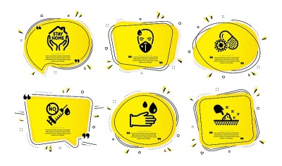 Stay home, Sick man and Rubber gloves icons set. V