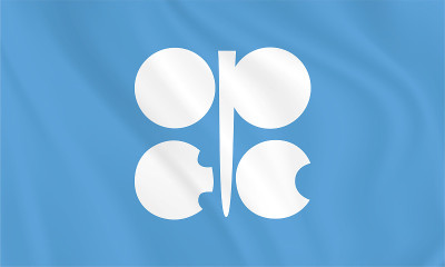 石油输出国组织的旗帜。印有OPEC旗帜的按钮