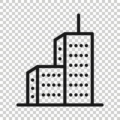 建筑图标在平面风格。城市摩天大楼公寓矢量插图在白色孤立的背景。城市大厦经营理念。
