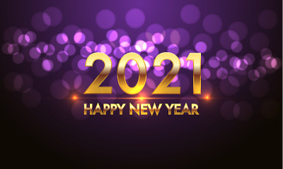 新年快乐2021黄金数字和文字在紫罗兰散景灯光效果黑色背景设计的节日倒计时节日庆祝矢量插图。