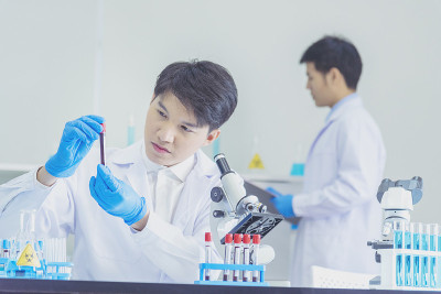 两名亚洲科学家团队在实验室研究化学科学试管实验生物技术抗体样本培养抗covid-19病毒疫苗。科学家