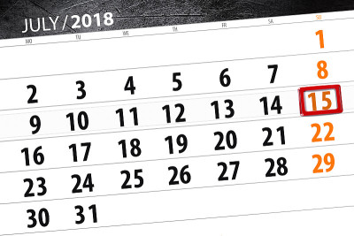 日历计划的月，截止日的一周，周日，2018年7月15日