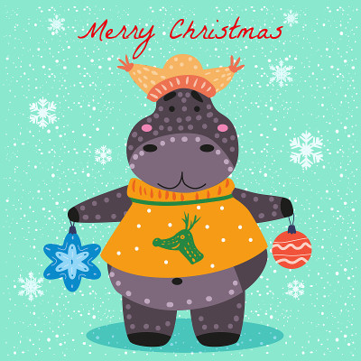 Merry Christmas Hyppo cute with hat, sweater and t